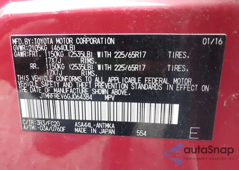 2016 Toyota Rav4 Xle from USA, damaged, VIN JTMRFREV6GJ064384